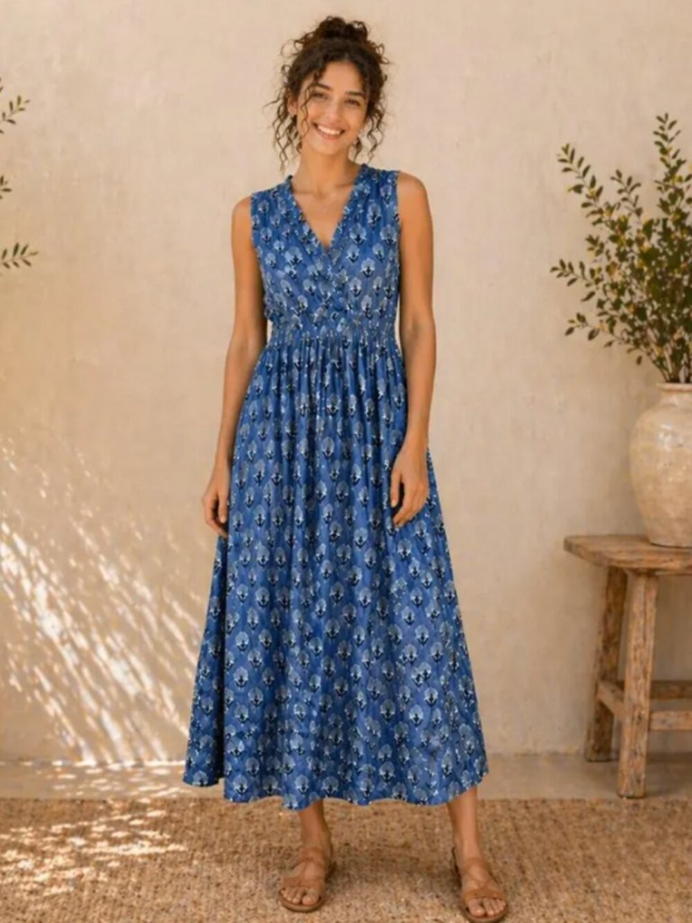 Blue Hand Block Print 100% Cotton Dress, sleeveless, size XS